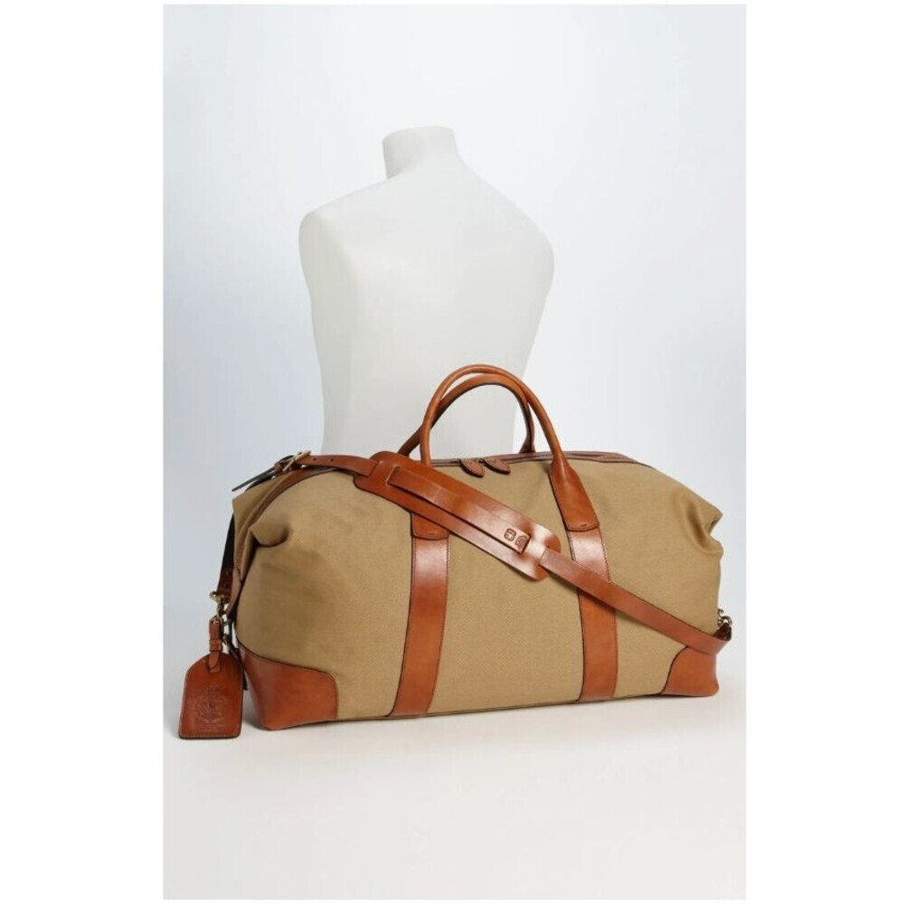 Polo Ralph Lauren Duffle Bag Safari XL Tan Cognac Canvas Leather  (23.5x10x10)
